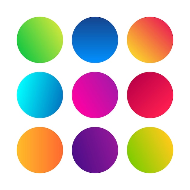 Sphères de dégradés ronds. Ensemble de neuf dégradés multicolores tendance. Illustration vectorielle