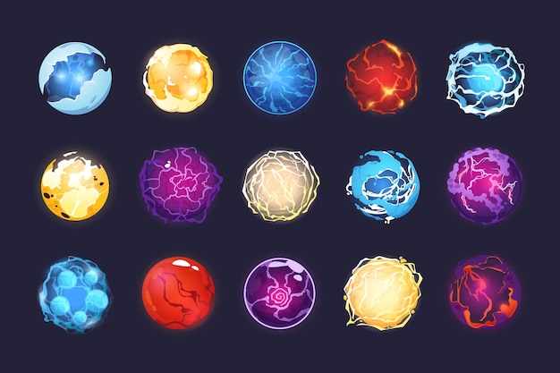 Sphères d'énergie de dessin animé Magic fantasy orb asset for 2D game sorcellerie prophesy globe and crystal sphere with brillant sparks sprite collection Vector set