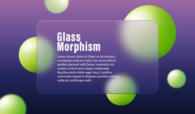 Vecteur sphères vertes et bannière de verre rectangulaire transparente arrière-plan de morphisme de verre foncé avec espace pour le texte