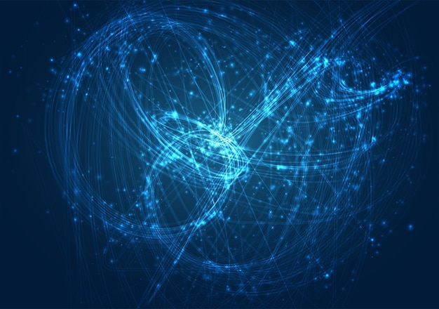 Spirale chaotique de vecteur sur le fond bleu avec l'éclat lumineux de fusées éclairantes