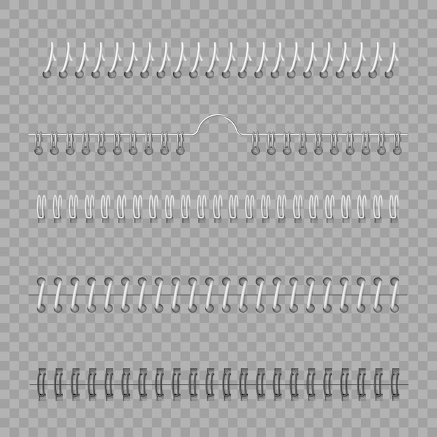 Vecteur spirales en fil de fer pour relier les feuilles de cahier. disposition de la maquette du classeur à spirale et annelé pour cahier papier, calendrier, album de dessin. illustration vectorielle réaliste