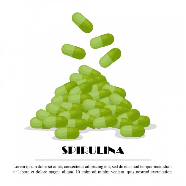 Spiruline pilules tombantes, complément alimentaire d'algues en capsules isolé sur fond blanc, illustration. La nourriture saine