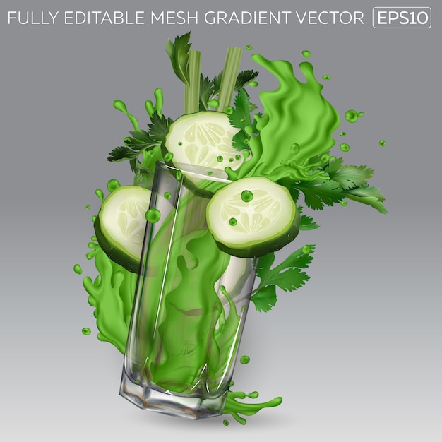 Splash De Jus Vert Dans Un Verre, Tranches De Concombre Et Feuilles De Céleri