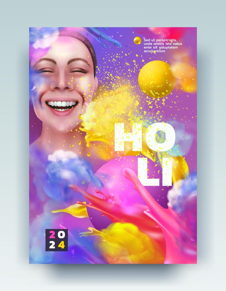Vecteur splash de peinture holi affiche fête traditionnelle hindoue explosion de poussière colorée éclaboussure de boules de poudre gulal explosion visage de femme fête indienne fête de fête bannière d'invitation vectorielle