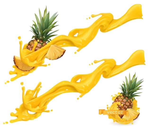 Vecteur splash sucré jaune et ananas. illustration vectorielle réaliste 3d
