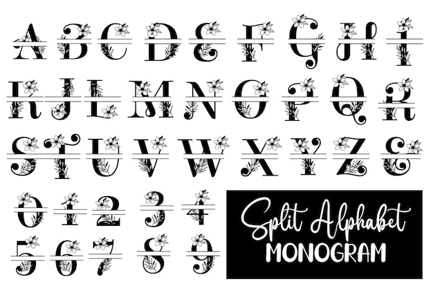 Split Monogram Alphabet Svg Bundle A à Z Et 0 à 9 Split Monogram Alphabet Svg Bundle