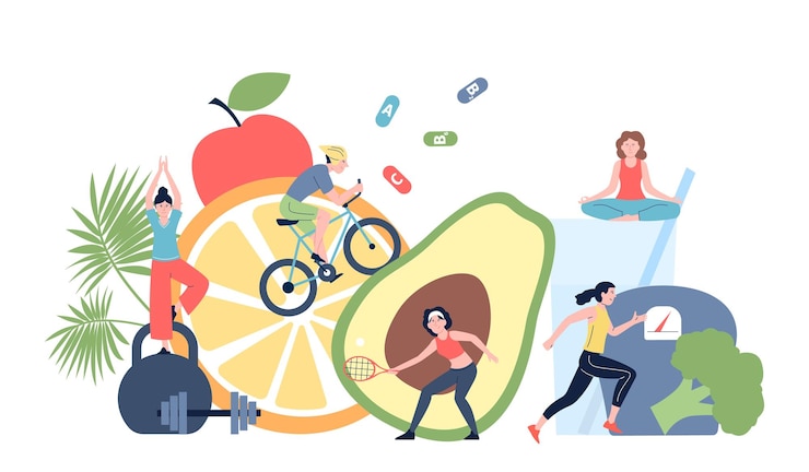 Vecteur sport et alimentation saine bien-être et désintoxication mode de vie sportif les gens font des exercices courent et méditent boivent de l'eau et mangent de la nourriture fraîche scène vectorielle récente