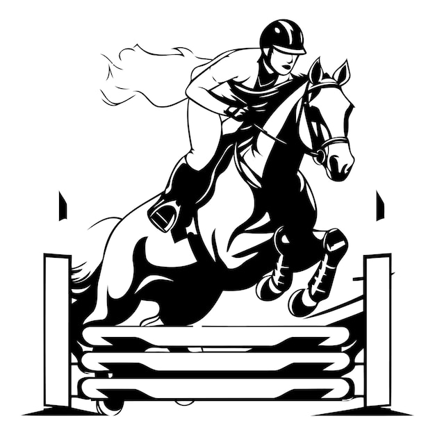 Vecteur sport équestre saut de cheval et de cavalier illustration vectorielle
