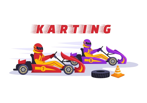 Sport De Karting Avec Jeu De Course Go Kart Sur Piste De Circuit En Dessin Animé Plat Illustration Dessinée à La Main