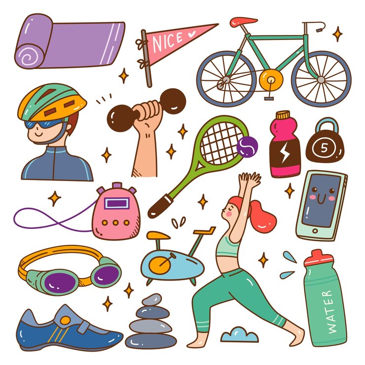 Sport et mode de vie sain Kawaii Doodle Vector Illustration