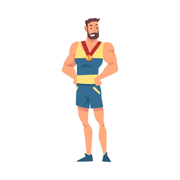 Sportif Musclé Posant Avec Une Médaille Athlète Masculin Heureux En Uniforme Célébrant Sa Victoire Illustration Vectorielle