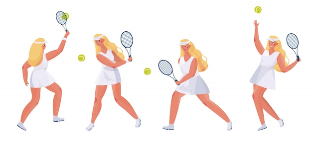 Sportifs Jolie Fille Sur Blanc. Joueuse De Tennis De Jeune Femme Avec Une Raquette à La Main Dans Une Pose Différente.