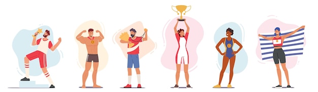 Les Sportifs Et Les Sportives Championnes Avec Des Médailles Et Des Drapeaux Remportent Le Concept De Victoire Jeunes Personnages Heureux Tenant Le Trophée D'or Dans Les Mains Se Sentant Heureux D'être Gagnants Cartoon People Vector Illustration