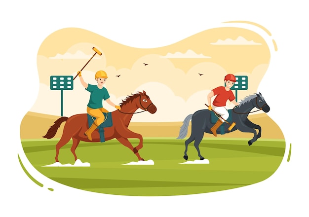 Sports équestres De Polo Avec Joueur D'équitation Et équipement D'utilisation De Bâton De Maintien Mis En Illustration Plate