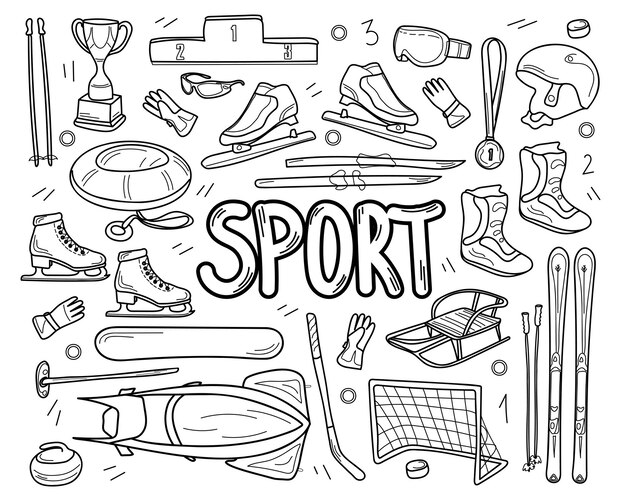 Sports D'hiver Dans Le Style D'un Doodle Un Ensemble D'articles Pour Les Sports Ski Snowboard Luge Hockey