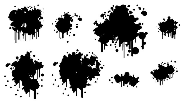 Spray Noir Ensemble Différent Peinture Tache Élément Vector Design Style Objet Brosse Grunge