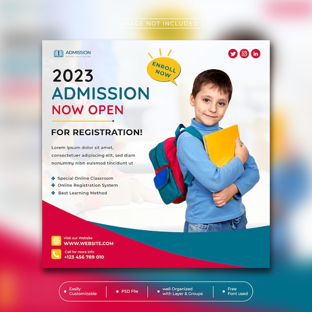 Vecteur square kids admission à l'école post sur les médias sociaux poster la conception de modèle d'annonce de bannière web