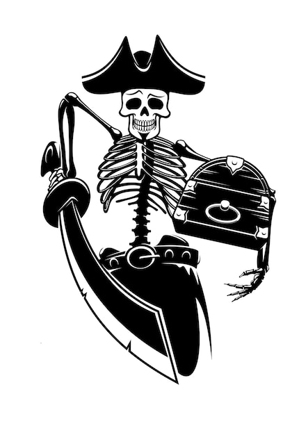 Squelette de capitaine pirate gardant le coffre au trésor avec une épée. Pour le piratage, la mascotte, la conception d'impression marine et d'aventure