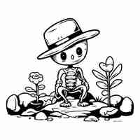 Vecteur squelette en chapeau assis sur un rocher avec une fleur illustration vectorielle
