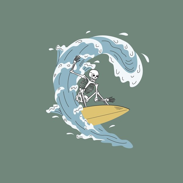 Vecteur un squelette chevauche une planche de surf sur une grosse vague un vecteur dessiné à la main pour des impressions sur des affiches de t-shirts et