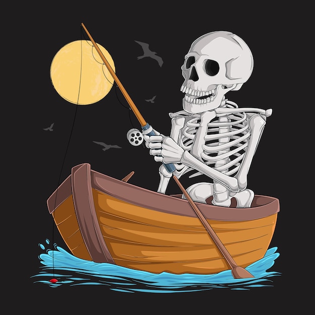 Squelette drôle dessiné à la main pêchant dans le lac sur son vieux bateau en bois contre le soleil et les oiseaux volants