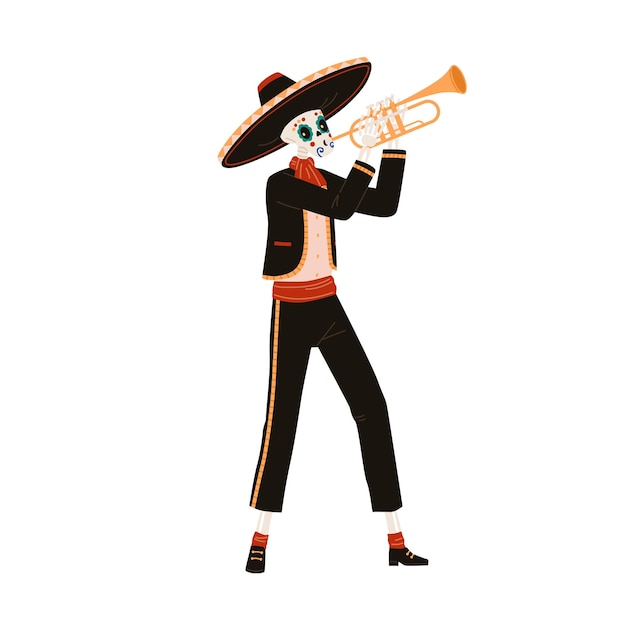 Squelette Mexicain En Chapeau Sombrero Jouant De La Musique à La Trompette. Homme En Costume De Personnage Mariachi Pour El Dia De Los Muertos, Jour Férié Des Morts. Illustration Vectorielle Plane Isolée Sur Fond Blanc