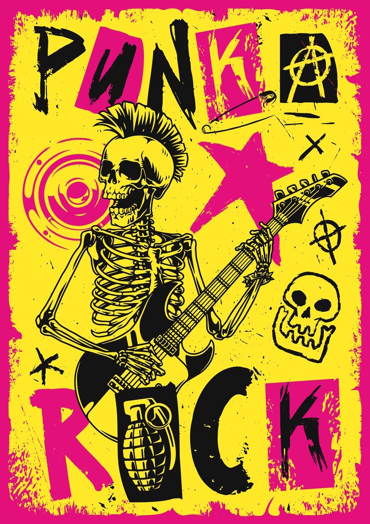 Vecteur squelette de punk rock coloré jouant de la guitare