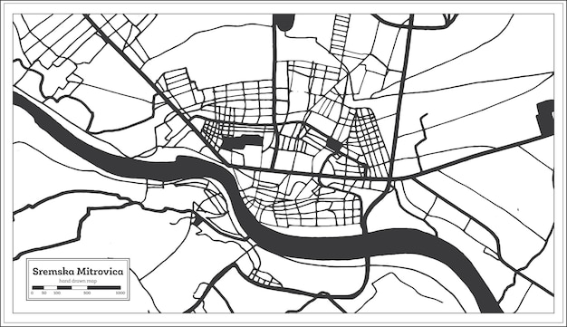 Sremska Mitrovica Serbie Plan De La Ville En Couleur Noir Et Blanc Dans Un Style Rétro Isolé Sur Blanc