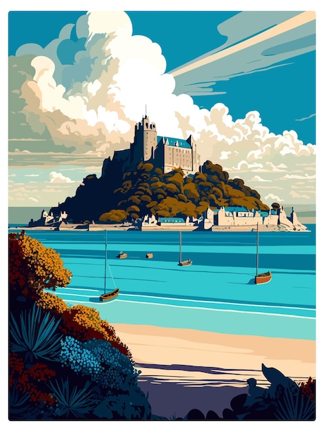 Vecteur st michaels mount angleterre affiche de voyage vintage souvenir carte postale portrait peinture wpa illustration