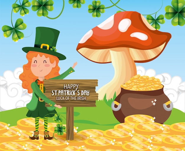 St Patrick Femme Avec Emblème En Bois Et Champignon