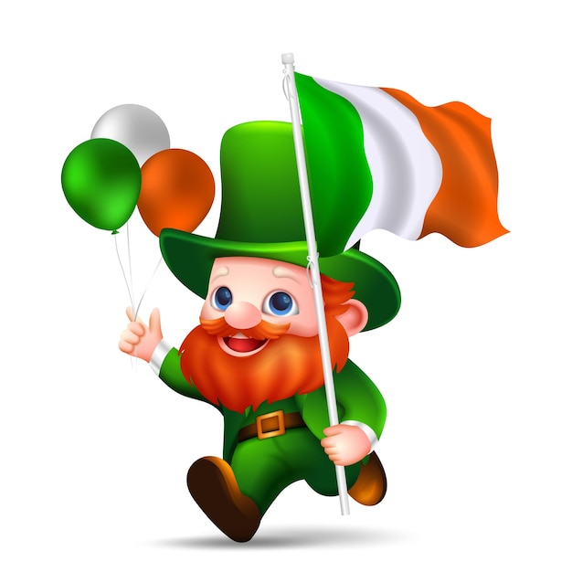 Vecteur st. patrick's leprechaun tenant le drapeau de l'irlande et des ballons