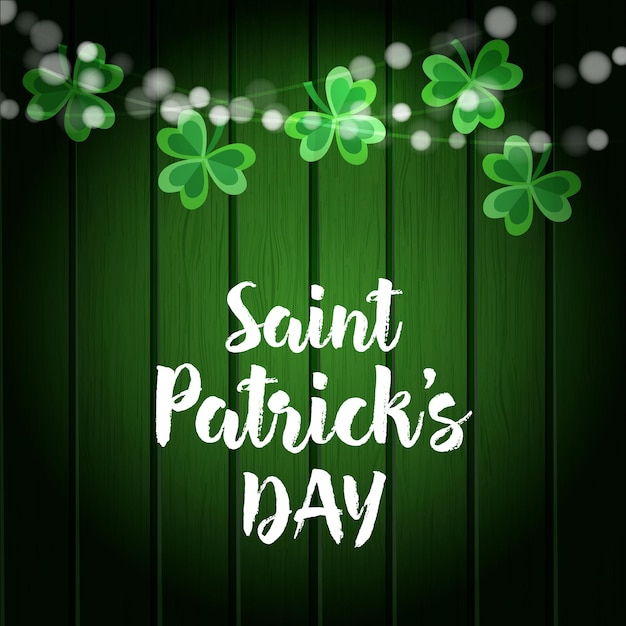 St Patricks Day Fond En Bois Vert Avec Des Guirlandes De Lumières Et Des Trèfles Party Decorationvector Illustration Web Banner