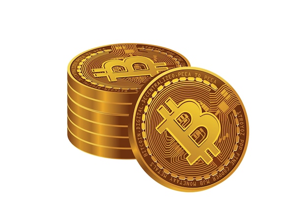 Stack of golden bitcoin coins isolated on white background illustrates modern cryptocurrency