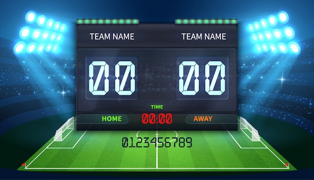 Vecteur stade tableau de bord sportif électronique avec affichage du résultat du match et du temps de football