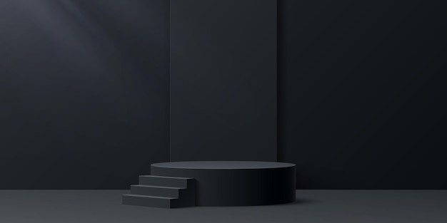 Stage de podium noir avec des escaliers pour l'exposition des produits