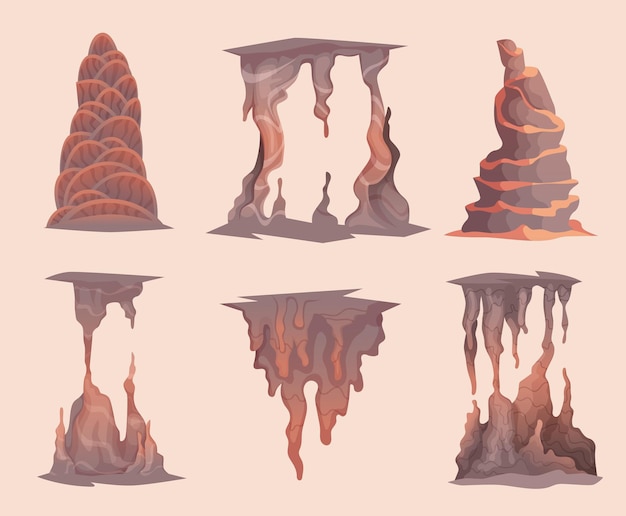 Stalagmite Rock Cave Montagnes Pierres Minérales Intérieur Objets Naturels Vecteur Exact Dégoulinant De Stalagmite En Style Cartoon
