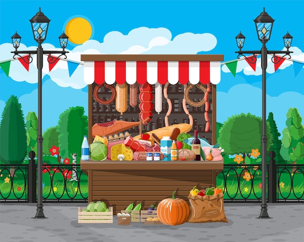 Vecteur stand de nourriture en bois du marché traditionnel plein de nourriture avec des drapeaux, des caisses. parc de la ville, réverbère et arbres. ciel avec nuages et soleil. foire, épicerie et shopping.