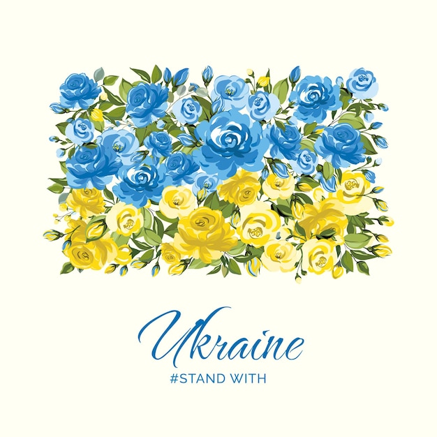 Stand Avec L'ukraine Drapeau De L'ukraine Avec Des Fleurs Jaunes Et Bleues Illustration Vectorielle Dans Un Style Plat