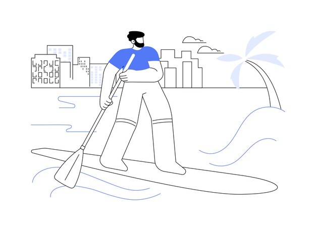 Stand up paddling location isolé dessin animé illustrations vectorielles jeune homme sportif en bateau près de la ville