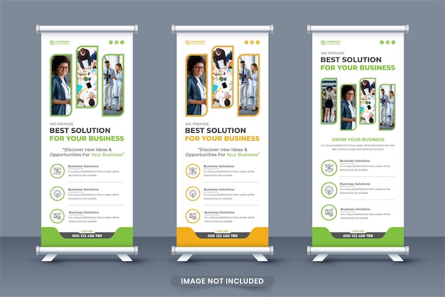 Standee de l'agence de promotion et de marketing des entreprises roll up banner design avec des couleurs vertes et jaunes Corporate roll up banner layout for commercial Business exhibition display banner template