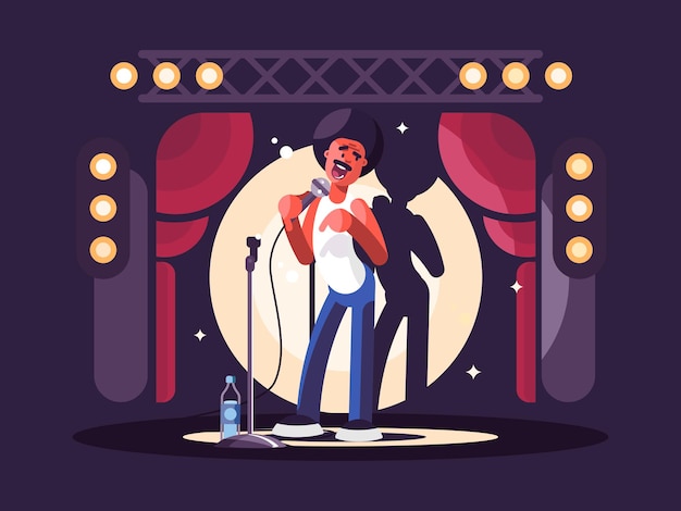 Vecteur standup show design plat. homme avec microphone sur scène. illustration vectorielle