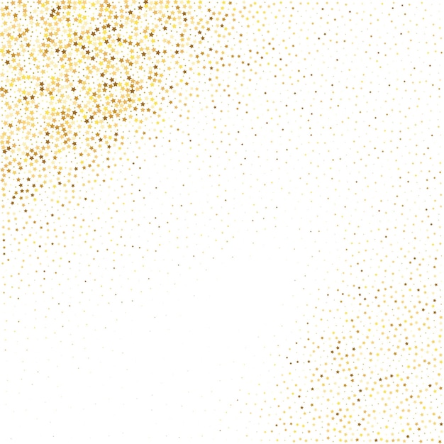 Star Sequin Confetti sur fond blanc. Cadre de fête de Noël. Glitter d'or vectoriel. Particules qui tombent sur le sol. Carte d'anniversaire plate isolée. Bannière d'étoiles d'or. Modèle de carte-cadeau de bon.