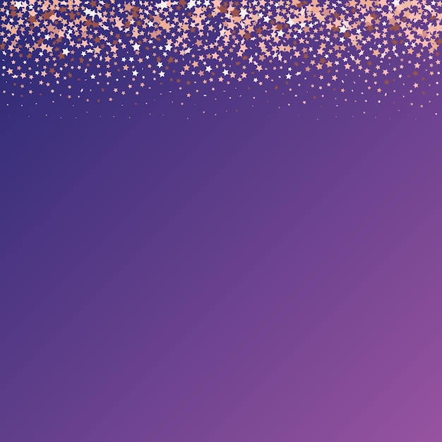Vecteur star sequin confetti sur fond violet néon. modèle de carte-cadeau de bon. carte d'anniversaire plate isolée. bannière d'étoiles dorées. scintillement d'or vectoriel. particules tombant sur le sol. cadre de fête de noël.