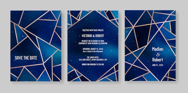 Vecteur starry night sky trendy wedding invitation card set, enregistrer le modèle céleste de la date de la galaxie, de l'espace, de l'illustration des étoiles dans le vecteur