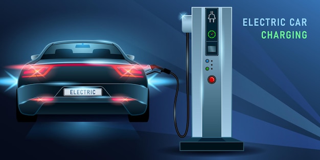 Station de charge de voiture électrique style réaliste sur fond bleu foncé