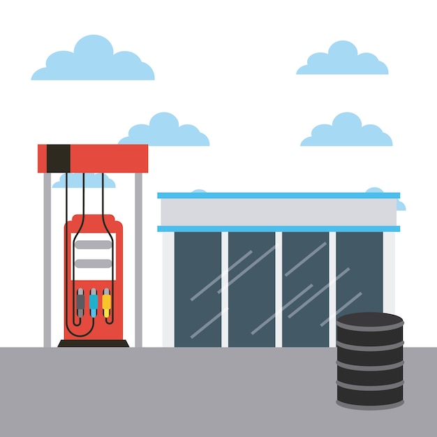 Vecteur station d'essence et baril de pétrole
