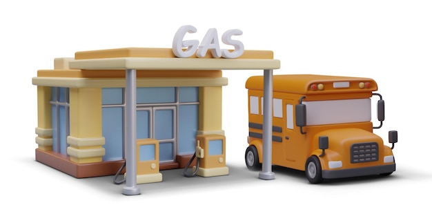 Station-service 3D dans le style des dessins animés Bâtiment coloré avec vue latérale du bus