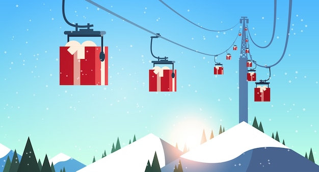 Station De Ski Avec Coffrets Cadeaux Téléphérique Dans Les Montagnes Noël Nouvel An Vacances Célébration Hiver Vacances Concept Paysage Illustration