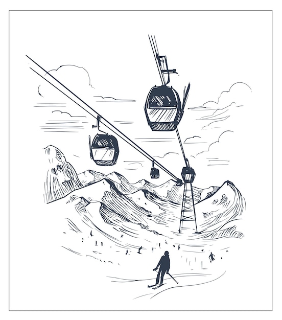 Station de ski dans les montagnes. pente de ski. Paysage d'hiver. Illustration de contour de vecteur. Dessin au trait