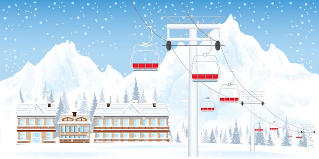 Vecteur station de ski en hiver avec montagnes et maison.